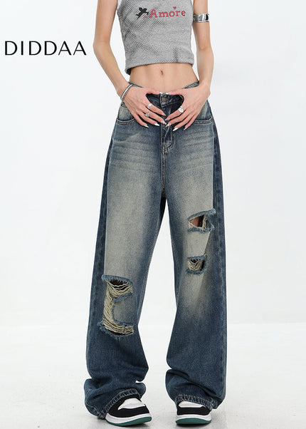 White Ripped Wide-Leg Jeans with Versatile Draping - Women’s Jeans