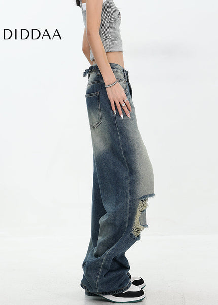 White Ripped Wide-Leg Jeans with Versatile Draping - Women’s Jeans