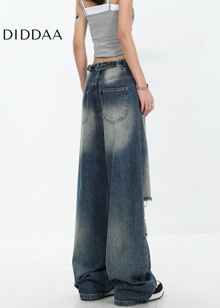 White Ripped Wide-Leg Jeans with Versatile Draping - Women’s Jeans