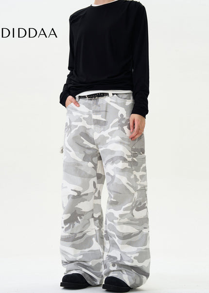 White Vintage Camouflage Cargo Jeans With Multi-Pockets - Men’s Jeans