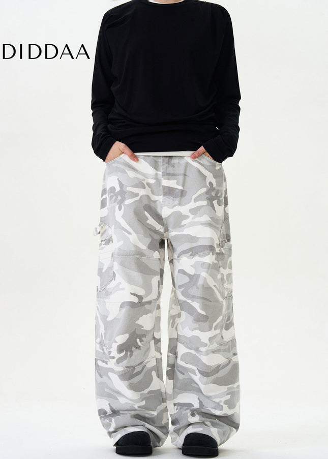 White Vintage Camouflage Cargo Jeans With Multi-Pockets - Men’s Jeans