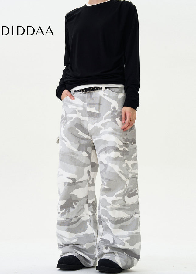 White Vintage Camouflage Cargo Jeans With Multi-Pockets - Men’s Jeans