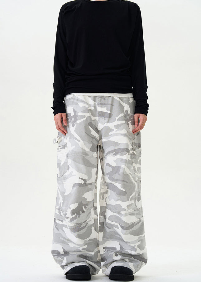 White Vintage Camouflage Cargo Jeans With Multi-Pockets - Men’s Jeans