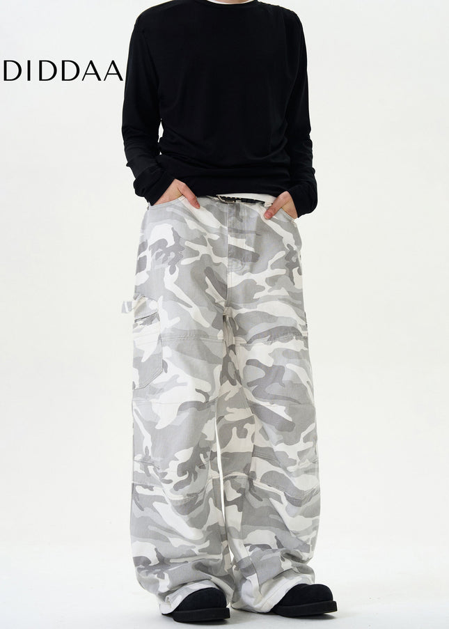 White Vintage Camouflage Cargo Jeans With Multi-Pockets - Men’s Jeans