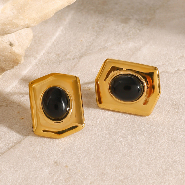Jieding European and American stainless steel black agate geometric stud earrings retro classic light luxury earrings high-end heavy industry jewelry women