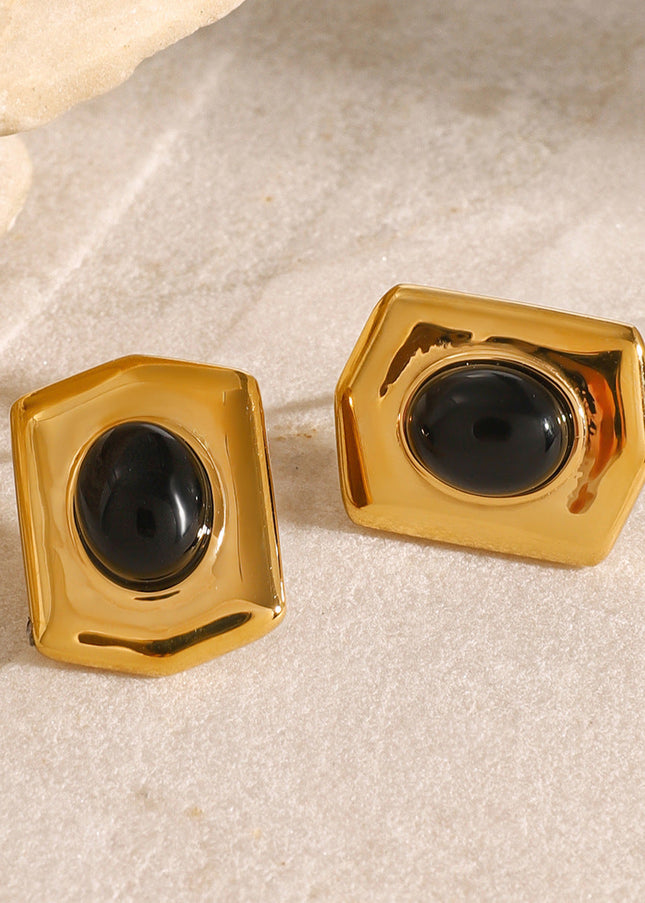 Jieding European and American stainless steel black agate geometric stud earrings retro classic light luxury earrings high-end heavy industry jewelry women