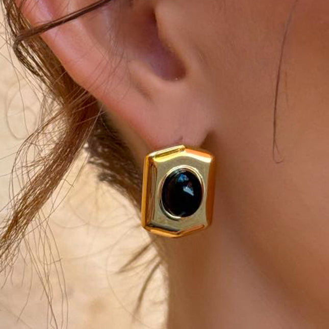Jieding European and American stainless steel black agate geometric stud earrings retro classic light luxury earrings high-end heavy industry jewelry women