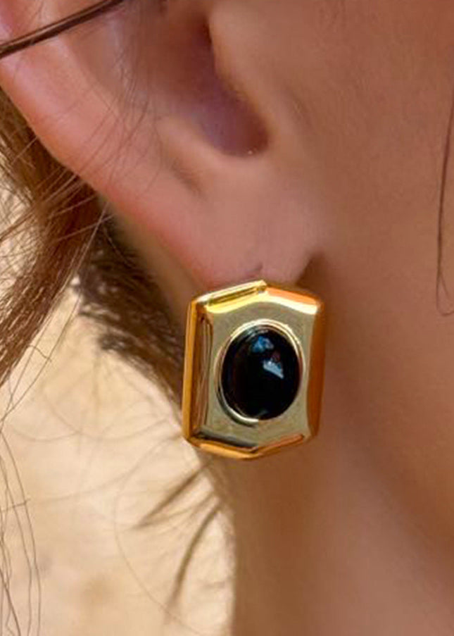 Jieding European and American stainless steel black agate geometric stud earrings retro classic light luxury earrings high-end heavy industry jewelry women