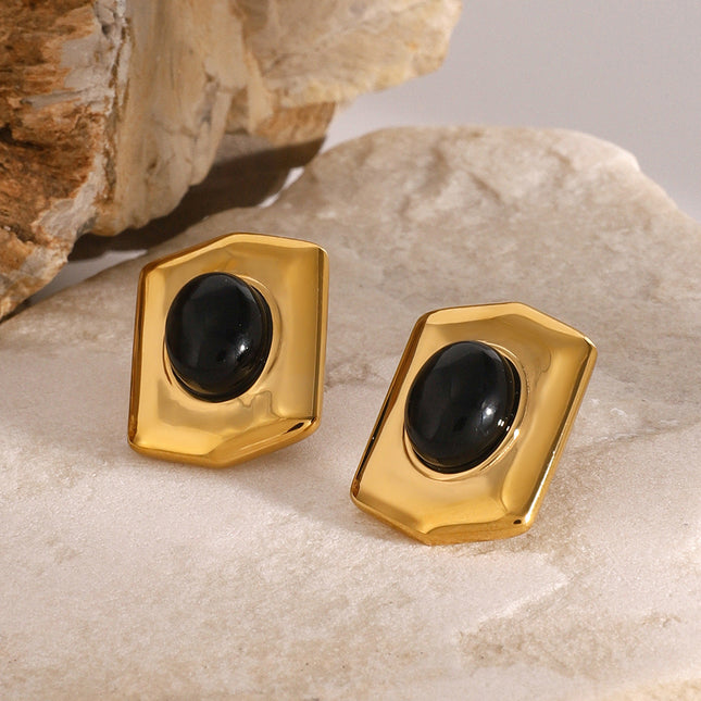 Jieding European and American stainless steel black agate geometric stud earrings retro classic light luxury earrings high-end heavy industry jewelry women