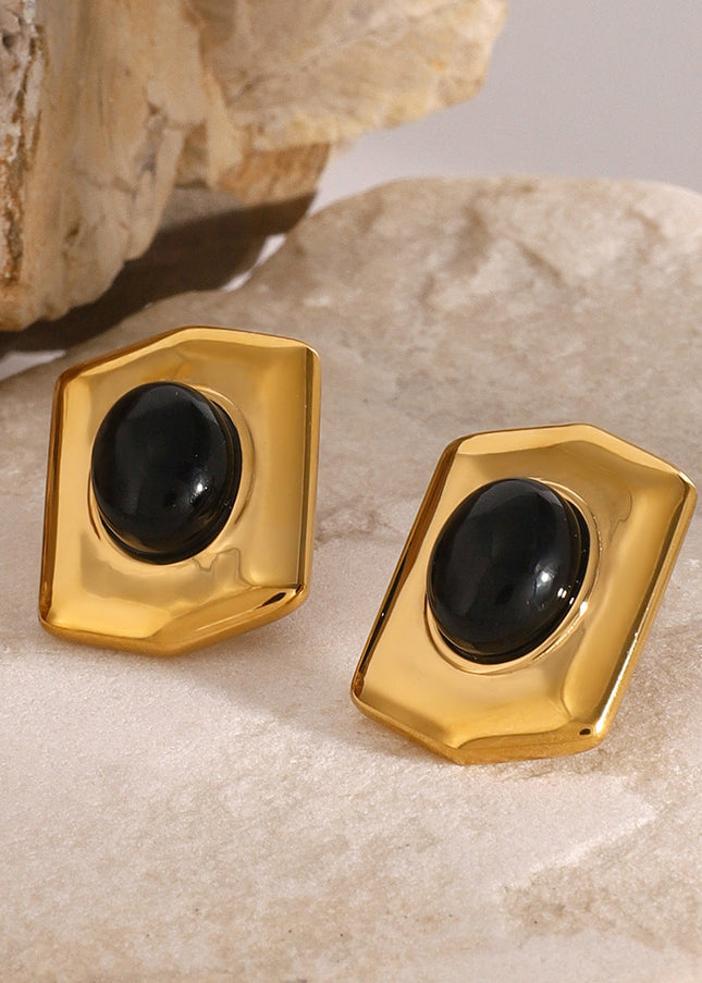 Jieding European and American stainless steel black agate geometric stud earrings retro classic light luxury earrings high-end heavy industry jewelry women