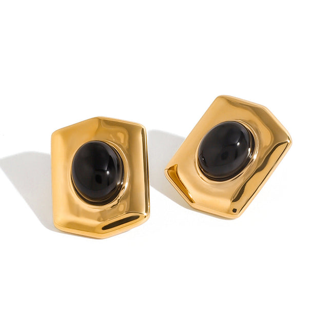 Jieding European and American stainless steel black agate geometric stud earrings retro classic light luxury earrings high-end heavy industry jewelry women