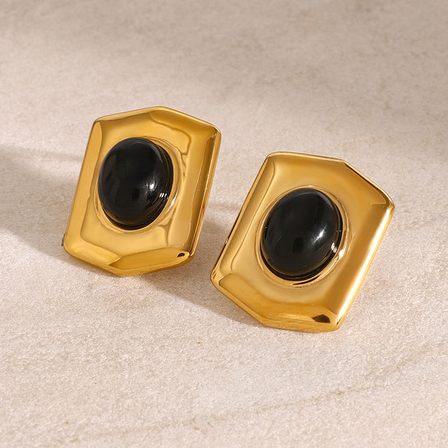 Jieding European and American stainless steel black agate geometric stud earrings retro classic light luxury earrings high-end heavy industry jewelry women