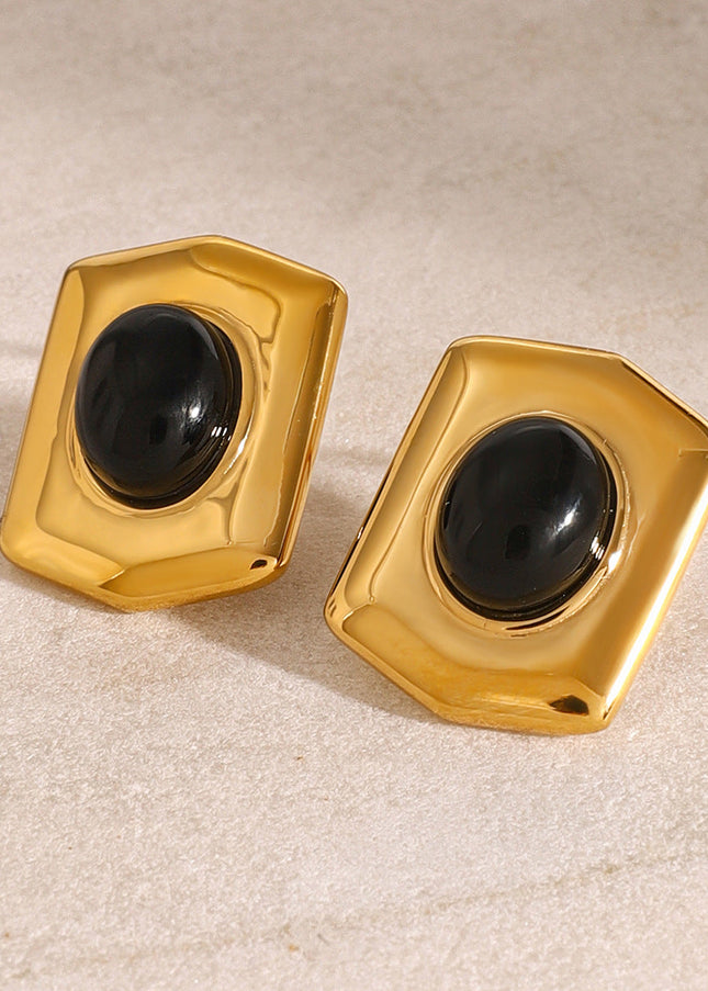 Jieding European and American stainless steel black agate geometric stud earrings retro classic light luxury earrings high-end heavy industry jewelry women