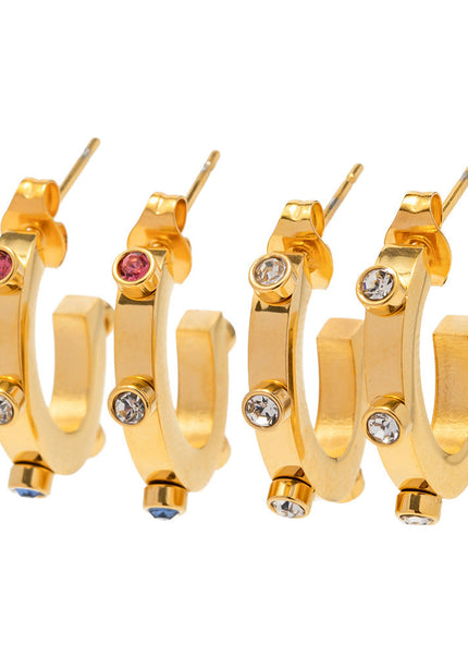 INS Internet celebrity exaggerated design 18K gold stainless steel with colored diamonds C-shaped stud earrings with popular titanium steel earrings wholesale