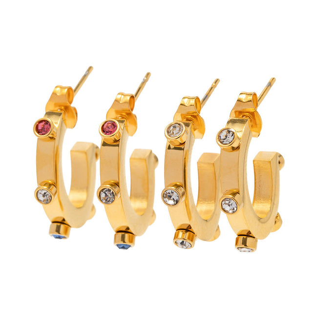 INS Internet celebrity exaggerated design 18K gold stainless steel with colored diamonds C-shaped stud earrings with popular titanium steel earrings wholesale