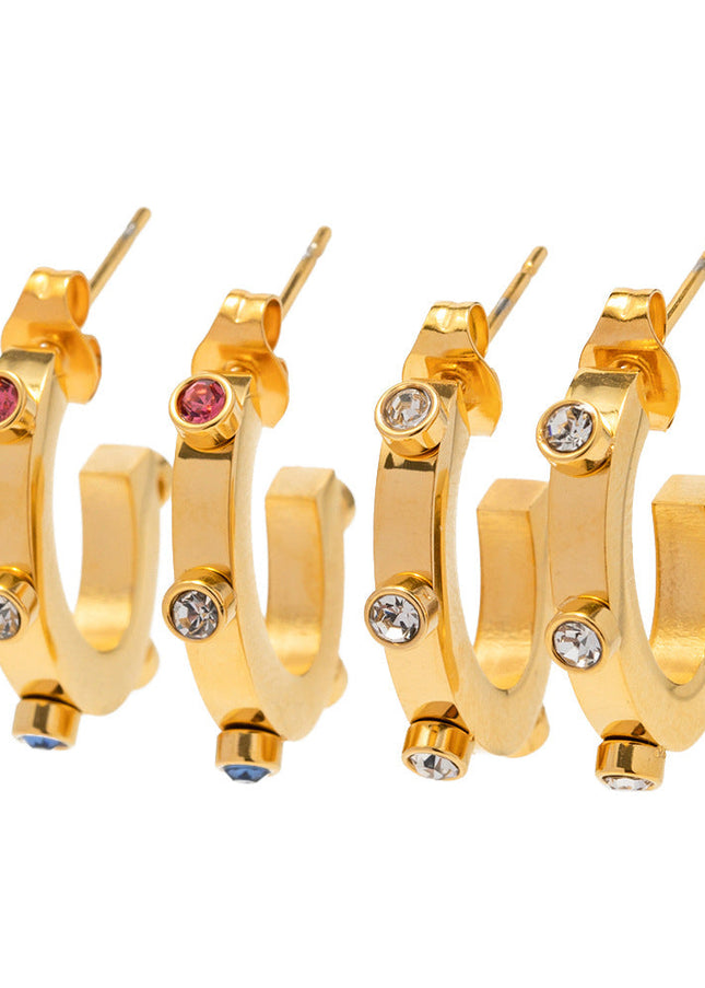 INS Internet celebrity exaggerated design 18K gold stainless steel with colored diamonds C-shaped stud earrings with popular titanium steel earrings wholesale