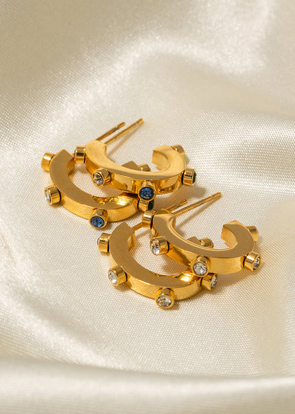 INS Internet celebrity exaggerated design 18K gold stainless steel with colored diamonds C-shaped stud earrings with popular titanium steel earrings wholesale