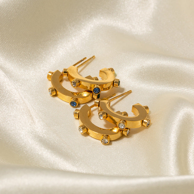 INS Internet celebrity exaggerated design 18K gold stainless steel with colored diamonds C-shaped stud earrings with popular titanium steel earrings wholesale