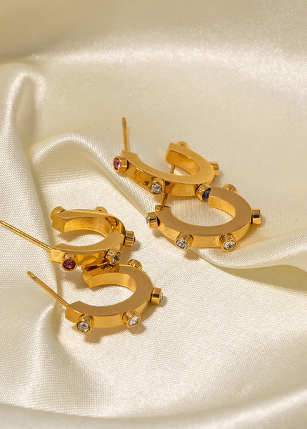 INS Internet celebrity exaggerated design 18K gold stainless steel with colored diamonds C-shaped stud earrings with popular titanium steel earrings wholesale