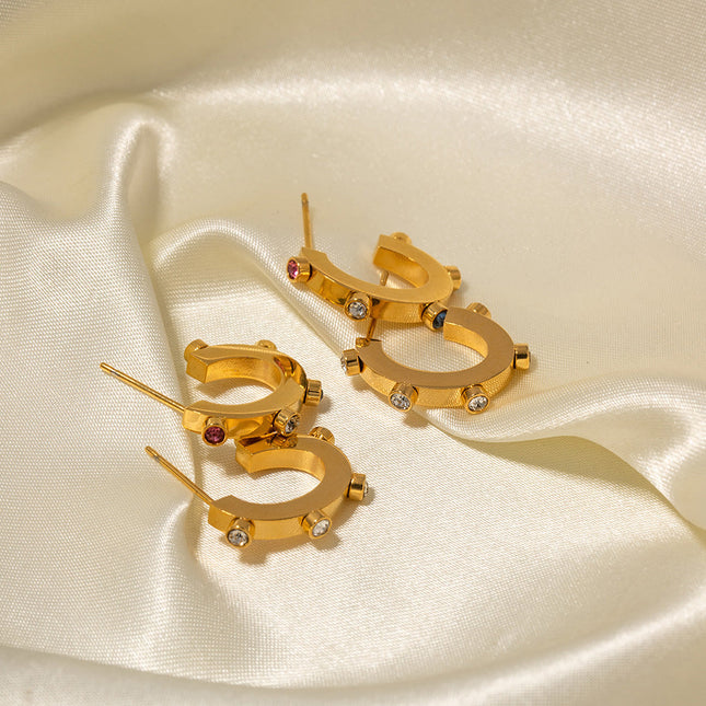 INS Internet celebrity exaggerated design 18K gold stainless steel with colored diamonds C-shaped stud earrings with popular titanium steel earrings wholesale