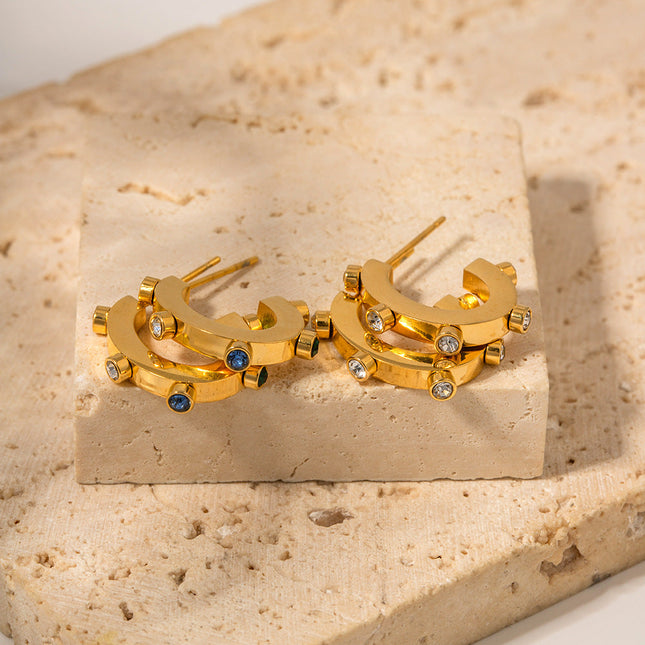 INS Internet celebrity exaggerated design 18K gold stainless steel with colored diamonds C-shaped stud earrings with popular titanium steel earrings wholesale