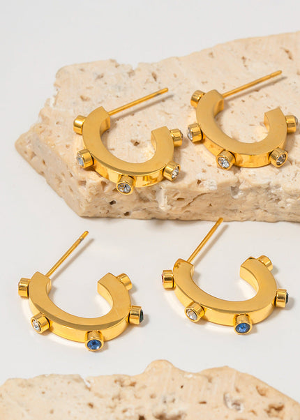 INS Internet celebrity exaggerated design 18K gold stainless steel with colored diamonds C-shaped stud earrings with popular titanium steel earrings wholesale