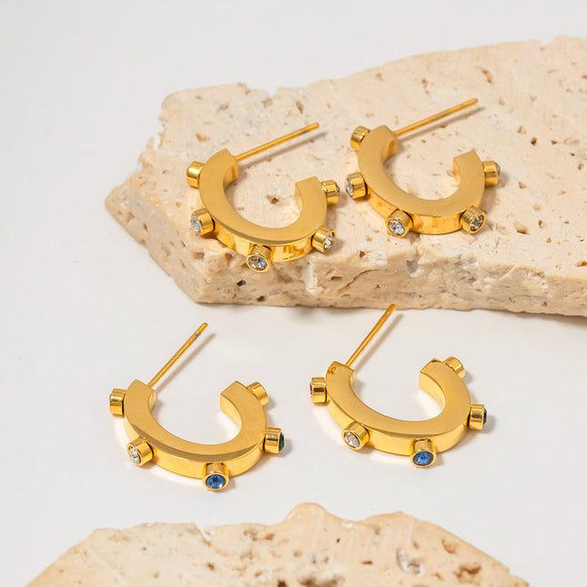 INS Internet celebrity exaggerated design 18K gold stainless steel with colored diamonds C-shaped stud earrings with popular titanium steel earrings wholesale