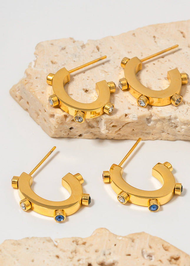 INS Internet celebrity exaggerated design 18K gold stainless steel with colored diamonds C-shaped stud earrings with popular titanium steel earrings wholesale