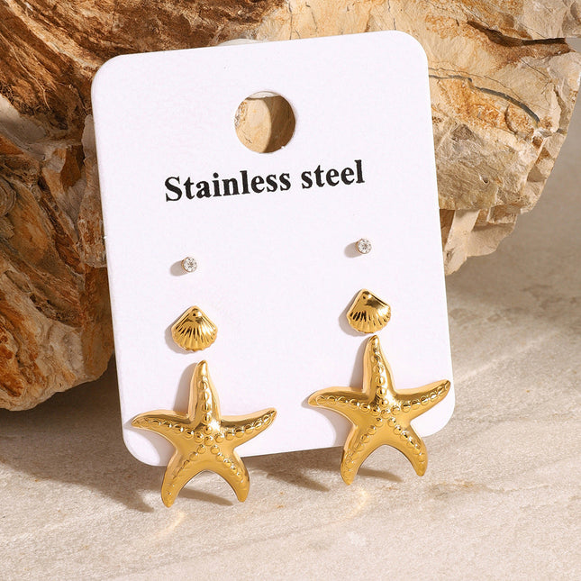 Jieding European and American three pairs of stainless steel starfish earrings high-quality shell earrings titanium steel earrings cross-border earrings