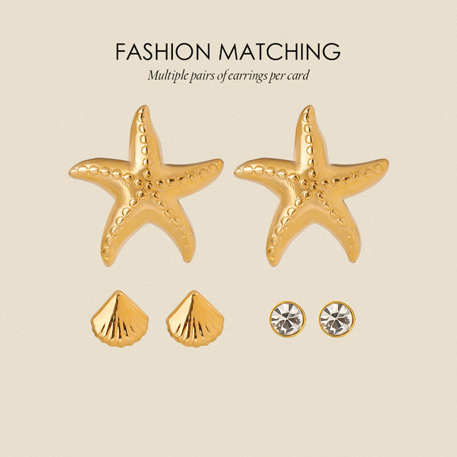 Jieding European and American three pairs of stainless steel starfish earrings high-quality shell earrings titanium steel earrings cross-border earrings