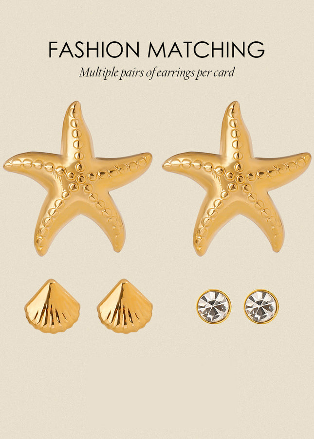 Jieding European and American three pairs of stainless steel starfish earrings high-quality shell earrings titanium steel earrings cross-border earrings