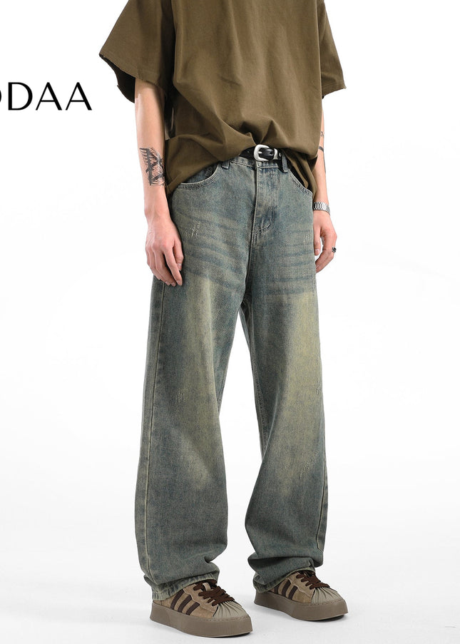Light Blue Vintage Whiskering Straight-Leg Jeans - S / Green - Men’s Jeans