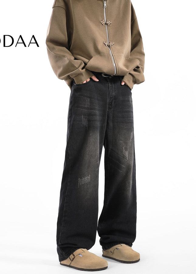 Light Blue Vintage Whiskering Straight-Leg Jeans - S / Black - Men’s Jeans