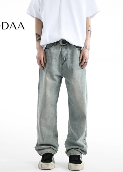 Light Blue Vintage Whiskering Straight-Leg Jeans - S / Yellow - Men’s Jeans