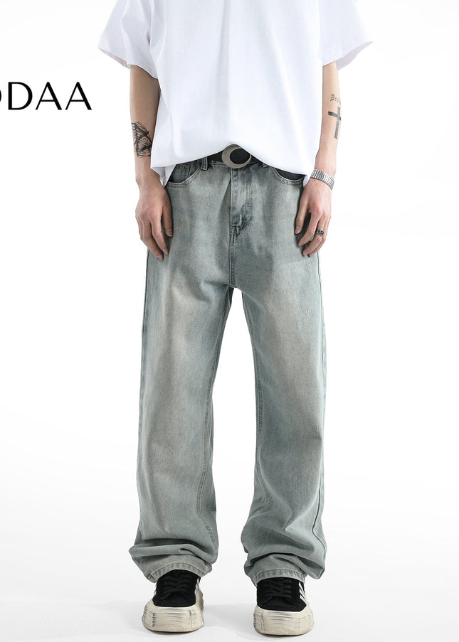 Light Blue Vintage Whiskering Straight-Leg Jeans - S / Yellow - Men’s Jeans