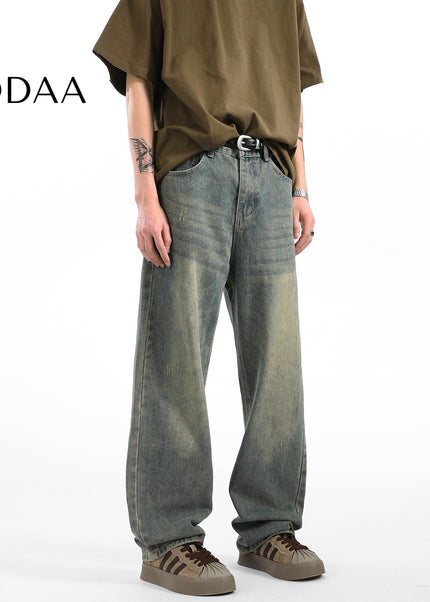 Light Blue Vintage Whiskering Straight-Leg Jeans - S / Green - Men’s Jeans