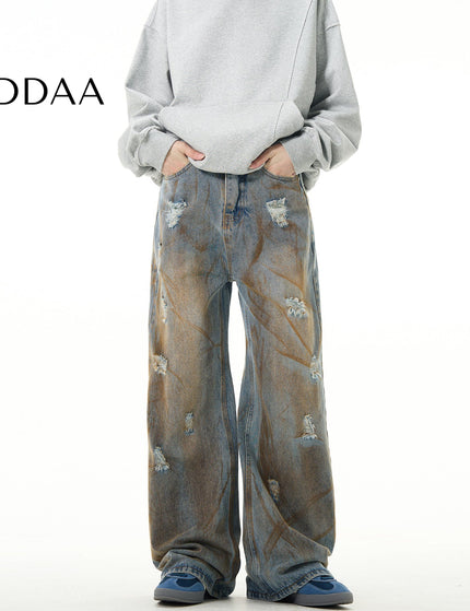Yellow Distressed Loose Fit Mud Jeans for Men - Mid Blue / XS - Men’s Jeans