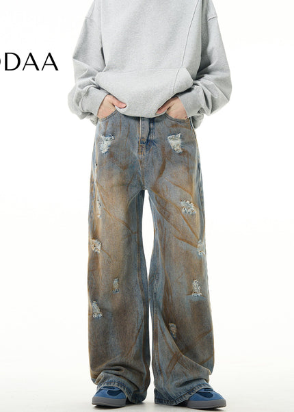 Yellow Distressed Loose Fit Mud Jeans for Men - Mid Blue / XS - Men’s Jeans