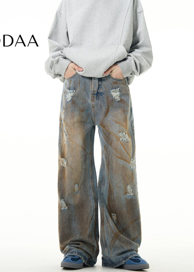 Yellow Distressed Loose Fit Mud Jeans for Men - Mid Blue / XS - Men’s Jeans