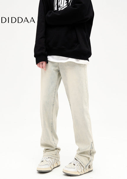 Yellow Distressed Mud Dyed Zippered Slit Jeans - Men’s Jeans
