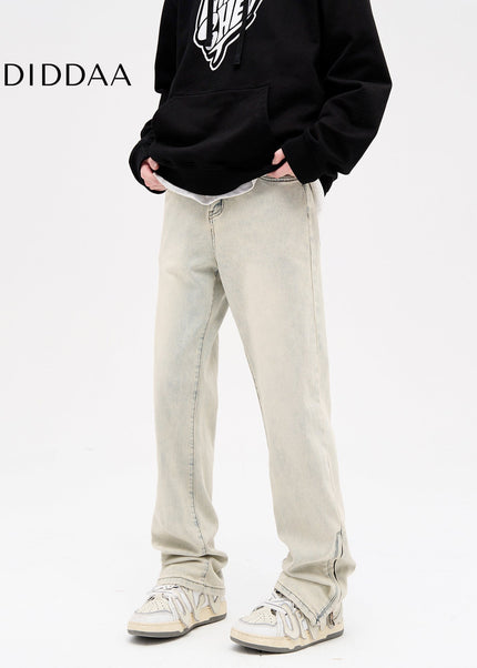 Yellow Distressed Mud Dyed Zippered Slit Jeans - Men’s Jeans