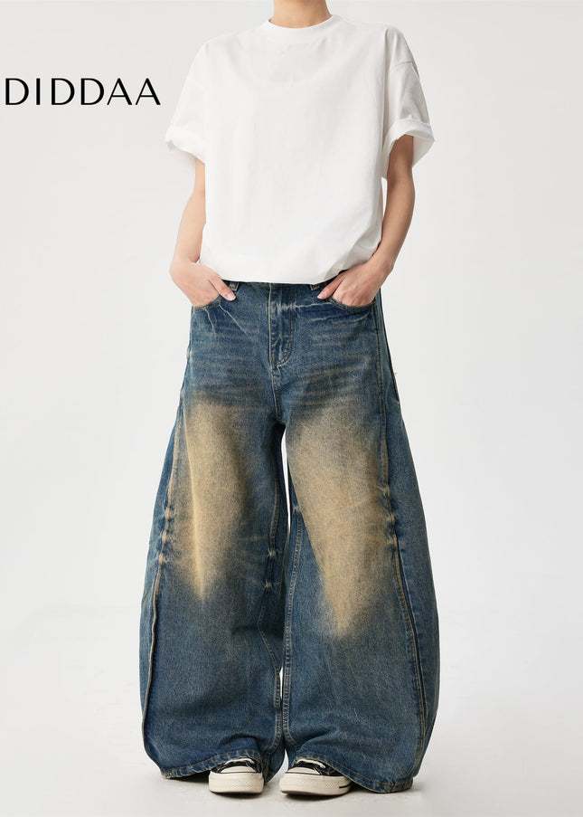 Yellow Distressed Water Washed Wide Leg Jeans - Men’s Jeans