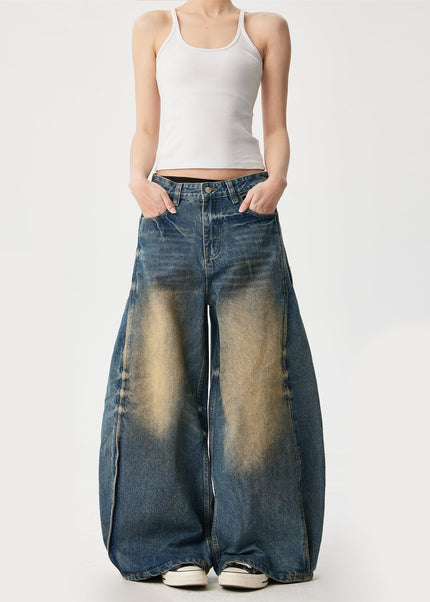 Yellow Distressed Water Washed Wide Leg Jeans - Men’s Jeans
