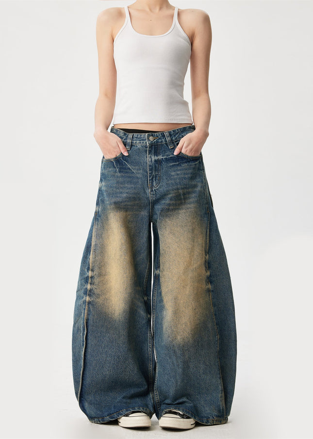 Yellow Distressed Water Washed Wide Leg Jeans - Men’s Jeans