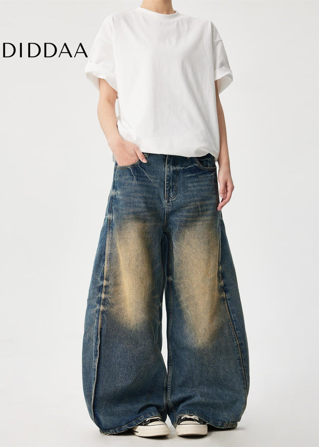 Yellow Distressed Water Washed Wide Leg Jeans - Men’s Jeans