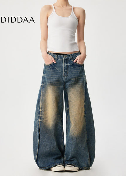 Yellow Distressed Water Washed Wide Leg Jeans - Men’s Jeans