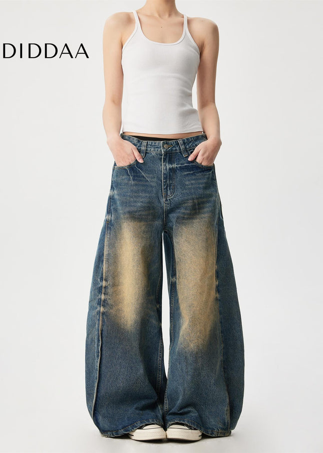 Yellow Distressed Water Washed Wide Leg Jeans - Men’s Jeans