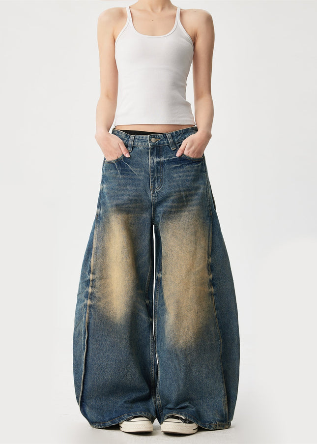 Yellow Distressed Water Washed Wide Leg Jeans - Men’s Jeans