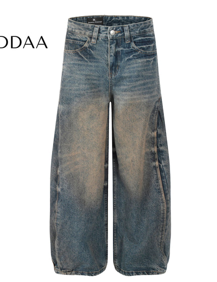 Yellow Distressed Water Washed Wide Leg Jeans - Mid Blue / S - Men’s Jeans