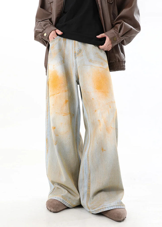 Yellow Drape Straight Wide Leg Jeans for Men - Men’s Jeans